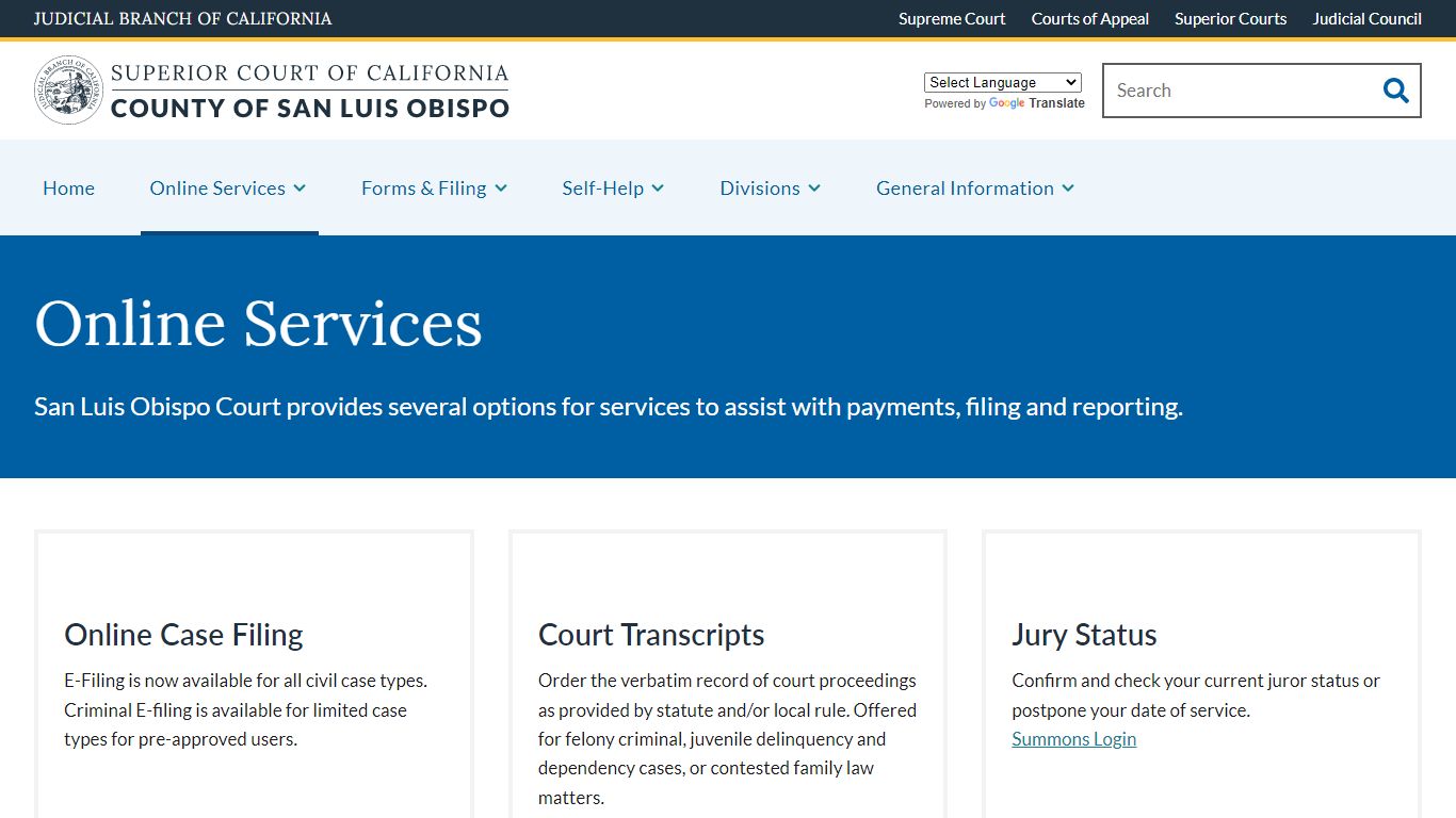 Online Services | Superior Court of California | County of San Luis Obispo